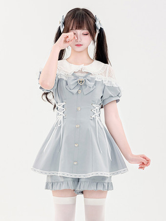 bleu ciel clairTenues Sweet Lolita Volants noirs Nœuds Manches courtes Pantalon cravate