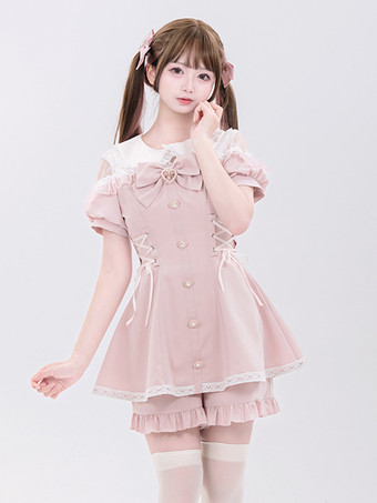 Tenues Sweet Lolita Volants noirs Nœuds Manches courtes Pantalon cravate