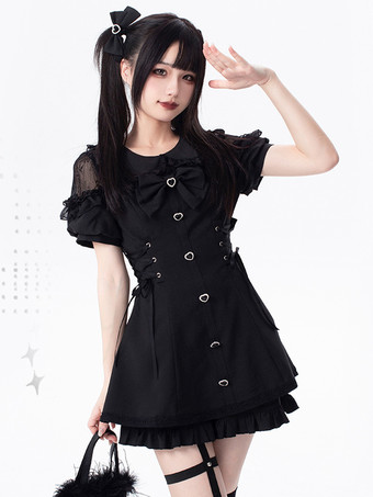 noir Tenues Sweet Lolita Volants noirs Nœuds Manches courtes Pantalon cravate