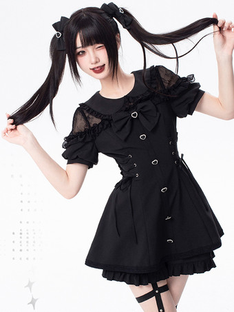 Tenues Sweet Lolita Volants noirs Nœuds Manches courtes Pantalon cravate