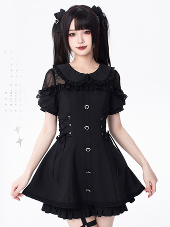 Tenues Sweet Lolita Volants noirs Nœuds Manches courtes Pantalon cravate