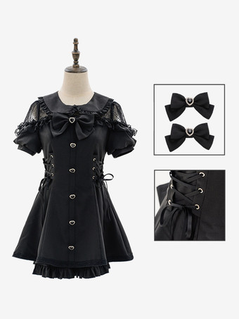 Tenues Sweet Lolita Volants noirs Nœuds Manches courtes Pantalon cravate