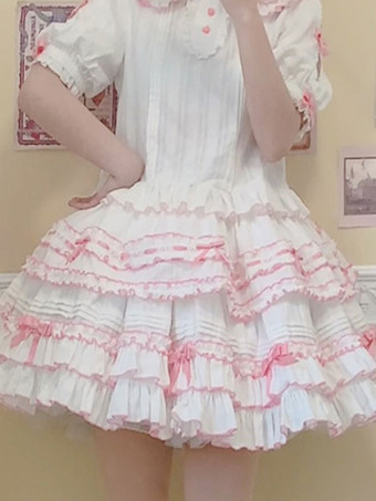 ピンクスウィートロリータSK リボンフリルライトスカイブルーカラーブロックロリータスカート