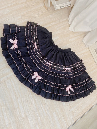 ブラック スウィートロリータSK リボンフリルライトスカイブルーカラーブロックロリータスカート