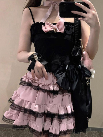 RosaFaldas Lolita con volantes y lazos en color rosa con bloques de color de Sweet Lolita SK