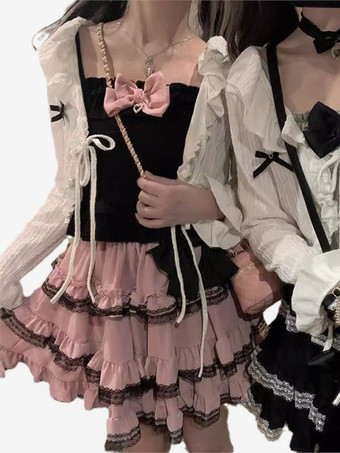 Faldas Lolita con volantes y lazos en color rosa con bloques de color de Sweet Lolita SK