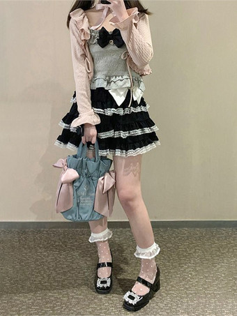 negro Faldas Lolita con volantes y lazos en color rosa con bloques de color de Sweet Lolita SK