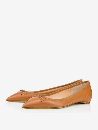 肌色レディース ボウ ポインテッドトゥ PUレザー バレエフラット