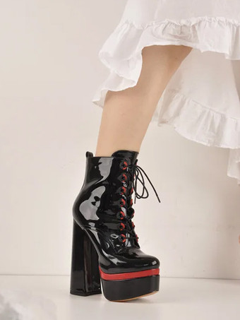 レディース アンクルブーツ プラットフォーム ブラック バックル ラウンドトゥ レースアップ チャンキーヒール ブーティ