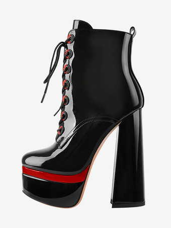 PUブラックレディース アンクルブーツ プラットフォーム ブラック バックル ラウンドトゥ レースアップ チャンキーヒール ブーティ