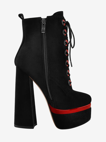 レディース アンクルブーツ プラットフォーム ブラック バックル ラウンドトゥ レースアップ チャンキーヒール ブーティ
