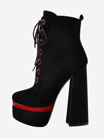 ブラック レディース アンクルブーツ プラットフォーム ブラック バックル ラウンドトゥ レースアップ チャンキーヒール ブーティ