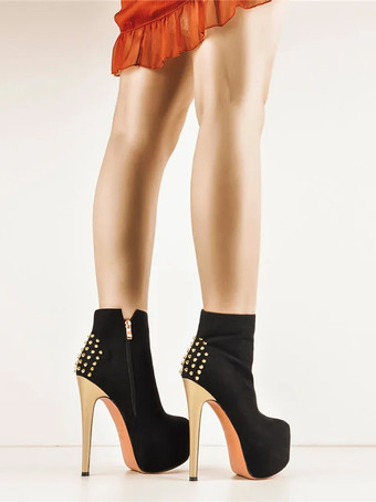 レディース アンクルブーツ ブラック リベット ブーティ マイクロスエードアッパー ラウンドトゥ スティレットヒール