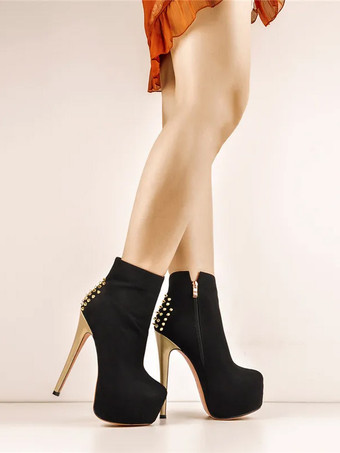 レディース アンクルブーツ ブラック リベット ブーティ マイクロスエードアッパー ラウンドトゥ スティレットヒール