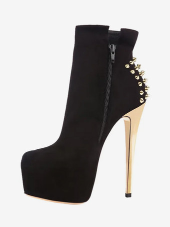 ブラック レディース アンクルブーツ ブラック リベット ブーティ マイクロスエードアッパー ラウンドトゥ スティレットヒール