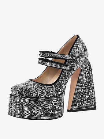 Black silverWomen's High Heels Rhinestones Platforms Chunky Heel Pumps