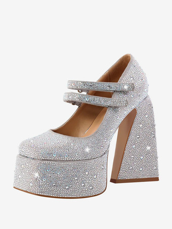 Silver Women's High Heels Rhinestones Platforms Chunky Heel Pumps