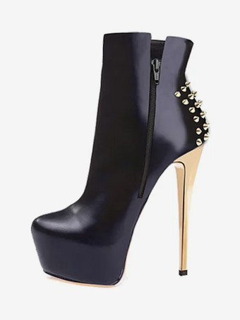 PUブラックレディース アンクルブーツ ブラック リベット ブーティ マイクロスエードアッパー ラウンドトゥ スティレットヒール