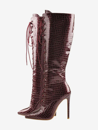 マルーンニーハイブーツ レディース ヒョウ柄 ポインテッドトゥ スティレットヒール レースアップブーツ