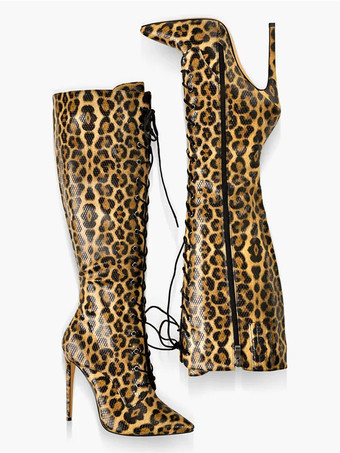 ニーハイブーツ レディース ヒョウ柄 ポインテッドトゥ スティレットヒール レースアップブーツ