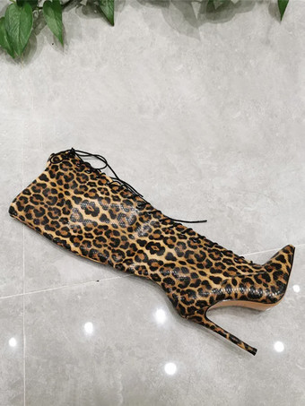 ニーハイブーツ レディース ヒョウ柄 ポインテッドトゥ スティレットヒール レースアップブーツ