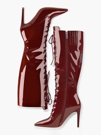 エンバーレッドニーハイブーツ レディース ヒョウ柄 ポインテッドトゥ スティレットヒール レースアップブーツ