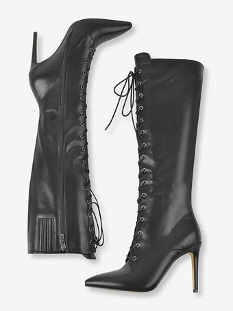 ブラック ニーハイブーツ レディース ヒョウ柄 ポインテッドトゥ スティレットヒール レースアップブーツ