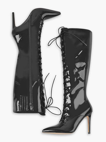 PUブラックニーハイブーツ レディース ヒョウ柄 ポインテッドトゥ スティレットヒール レースアップブーツ