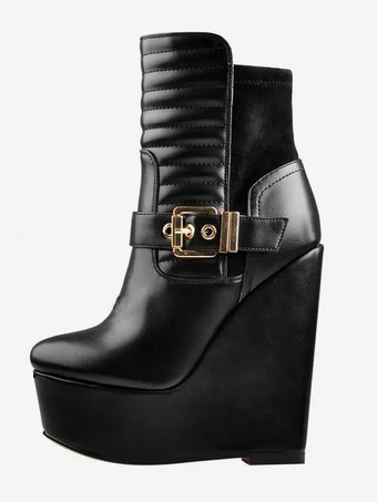 ブラック レディース ブラック アンクルブーツ プラットフォーム ラウンドトゥ ウェッジヒール ブーティ