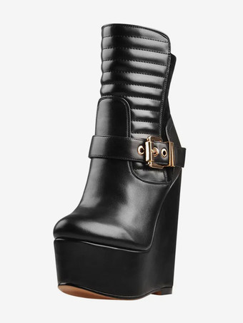 レディース ブラック アンクルブーツ プラットフォーム ラウンドトゥ ウェッジヒール ブーティ