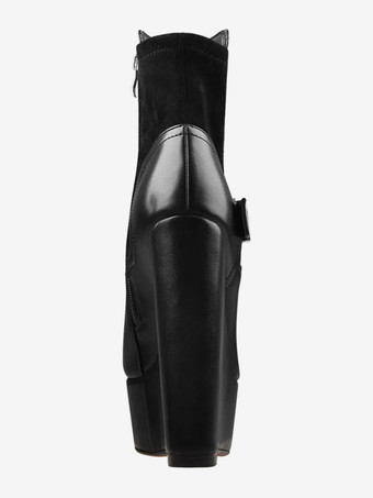 レディース ブラック アンクルブーツ プラットフォーム ラウンドトゥ ウェッジヒール ブーティ