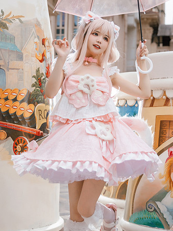 スイートロリータ衣装 ピンク フリル リボン ストライプ ノースリーブ トップ スカート