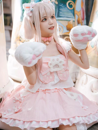 スイートロリータ衣装 ピンク フリル リボン ストライプ ノースリーブ トップ スカート