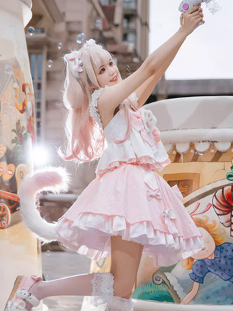 スイートロリータ衣装 ピンク フリル リボン ストライプ ノースリーブ トップ スカート