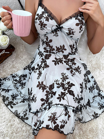 ブラック セクシーなスリープフローラルプリントブラックベビードールシュミーズ