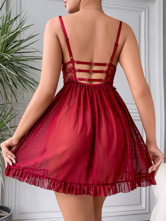 シックなデイリーカジュアルレースセミシアーレッドベビードールシュミーズ