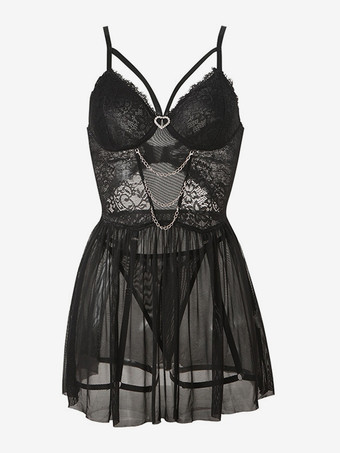 ブラック セクシーなデイリーカジュアルレースセミシースルーレッドベビードールシュミーズ