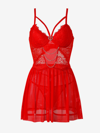 レッド セクシーなデイリーカジュアルレースセミシースルーレッドベビードールシュミーズ