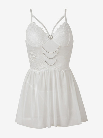 ホワイト セクシーなデイリーカジュアルレースセミシースルーレッドベビードールシュミーズ