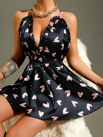 ブラック セクシーなスリープレースアップブラックベビードールシュミーズ