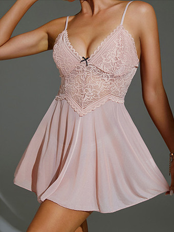 ソフトピンクセクシーなデイリーカジュアルレースブラックベビードールシュミーズ