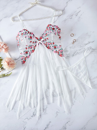セクシーなデイリーカジュアルレースシアーフローラルプリントホワイトベビードールシュミーズ