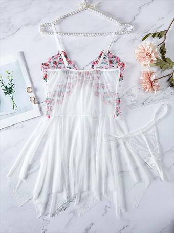 セクシーなデイリーカジュアルレースシアーフローラルプリントホワイトベビードールシュミーズ