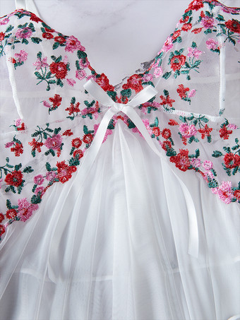 セクシーなデイリーカジュアルレースシアーフローラルプリントホワイトベビードールシュミーズ