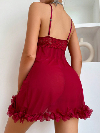 セクシーなデイリーカジュアルレースシアーレッドベビードールシュミーズ
