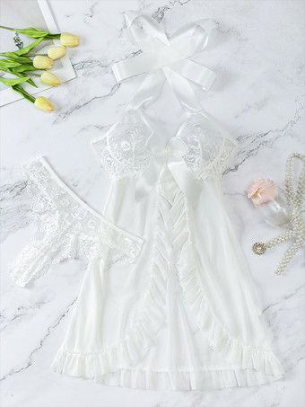 セクシーなデイリーカジュアルレースシアーホワイトベビードールシュミーズ