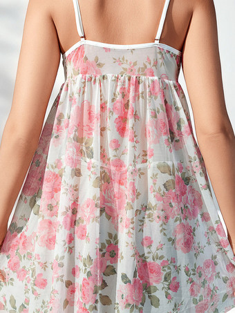 シックなスリープボウ、花柄プリントのピンクベビードールシュミーズ