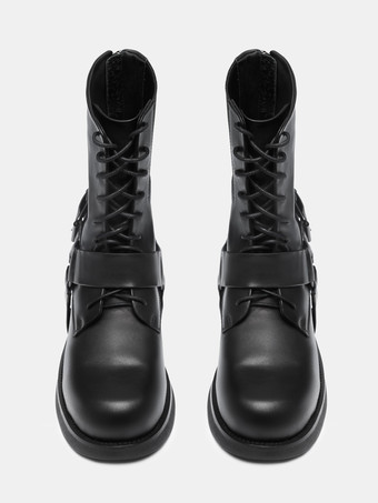 ブラックバイカーブーツ 本革バックル レースアップ アンクルブーツ