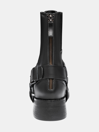 ブラックバイカーブーツ 本革バックル レースアップ アンクルブーツ