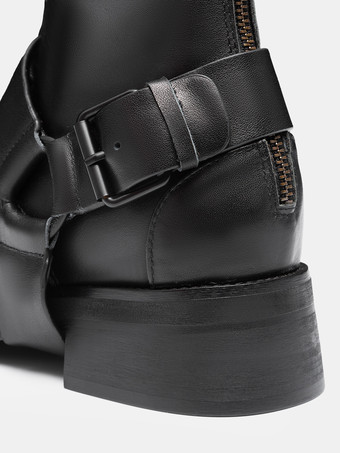 ブラックバイカーブーツ 本革バックル レースアップ アンクルブーツ